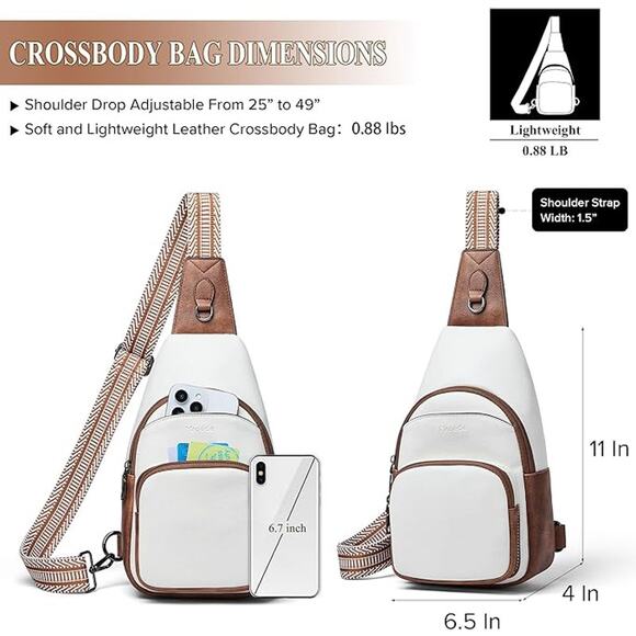 BOGO SALE NEW Vegan Leather Sling Crossbody Bag – White & Brown w/ Wide  Strap - Picture 3 of 5